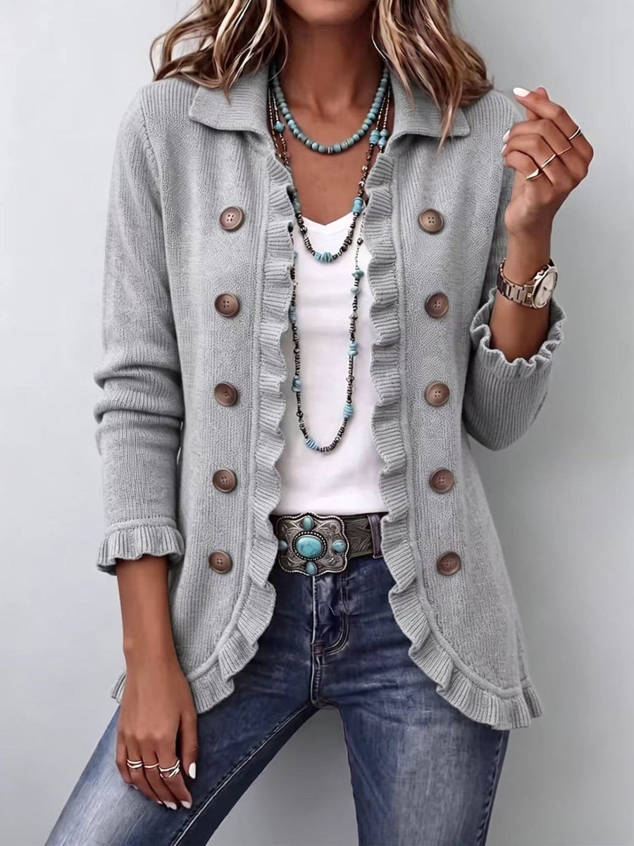 Teodora | Grey Melange Ribbed Jacket with Ruffles