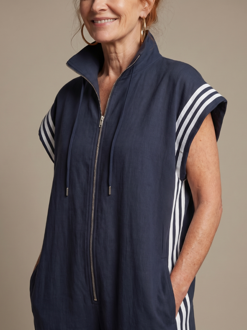 Zip Front Stripe Panel Jumpsuit