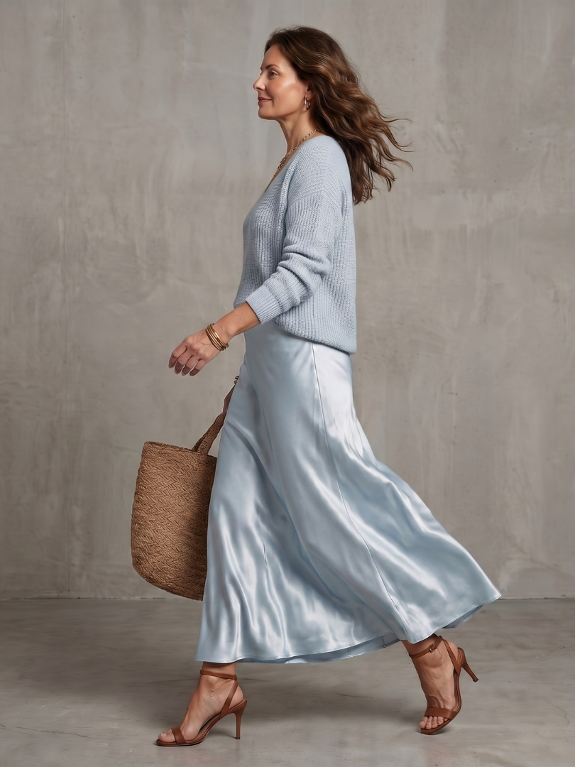 Satin Skirt Knit Layer Set