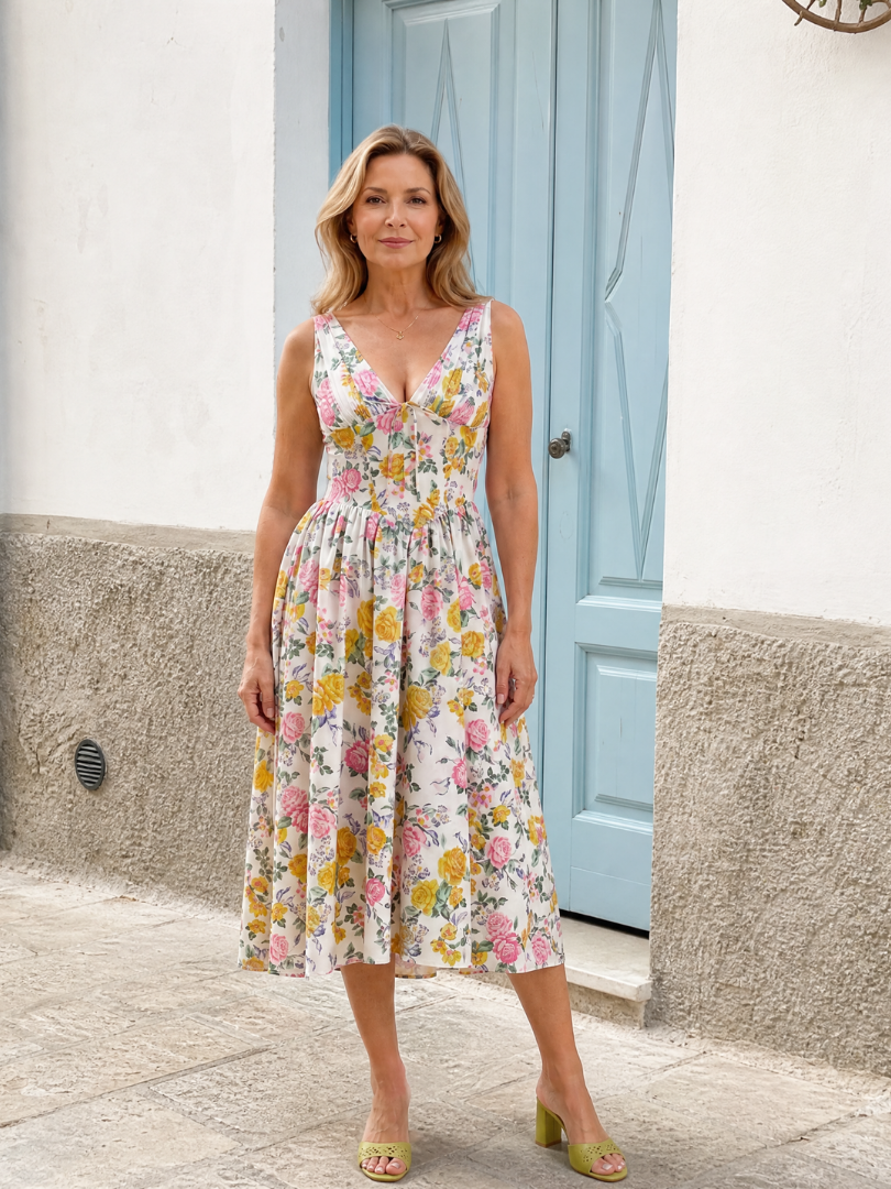 Sleeveless Floral V Neck Midi Dress