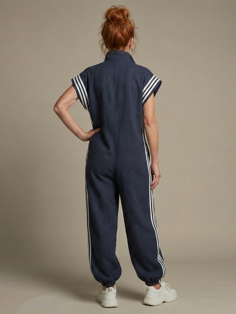 Zip Front Stripe Panel Jumpsuit