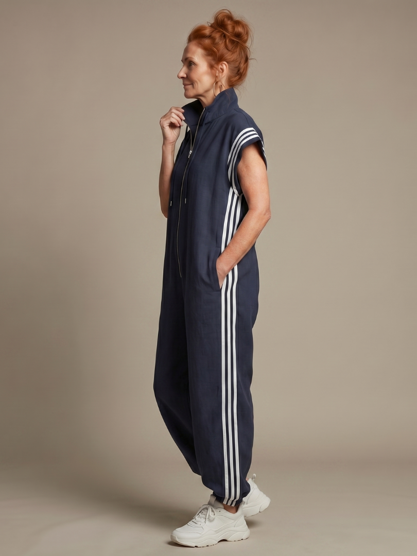 Zip Front Stripe Panel Jumpsuit