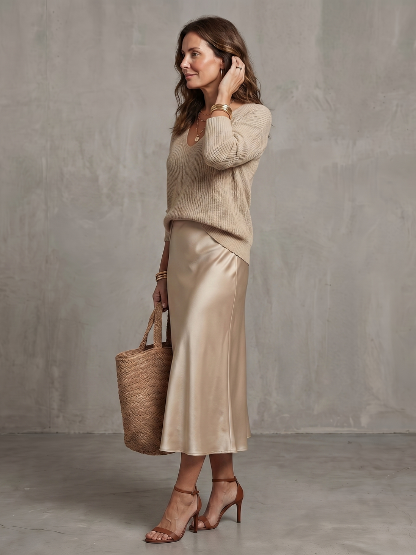 Satin Skirt Knit Layer Set