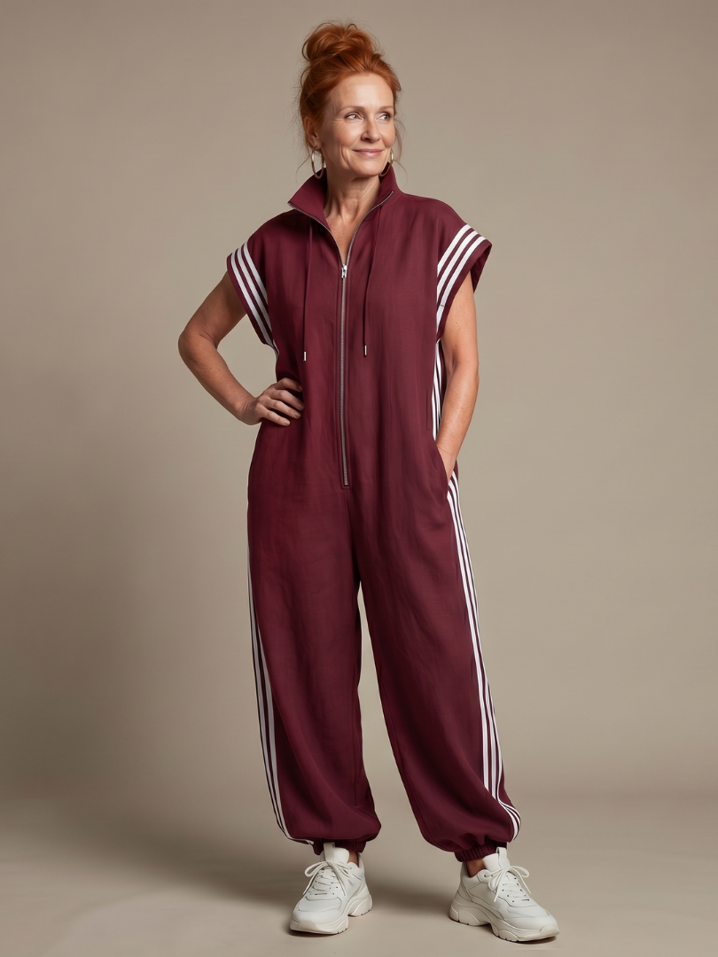 Zip Front Stripe Panel Jumpsuit