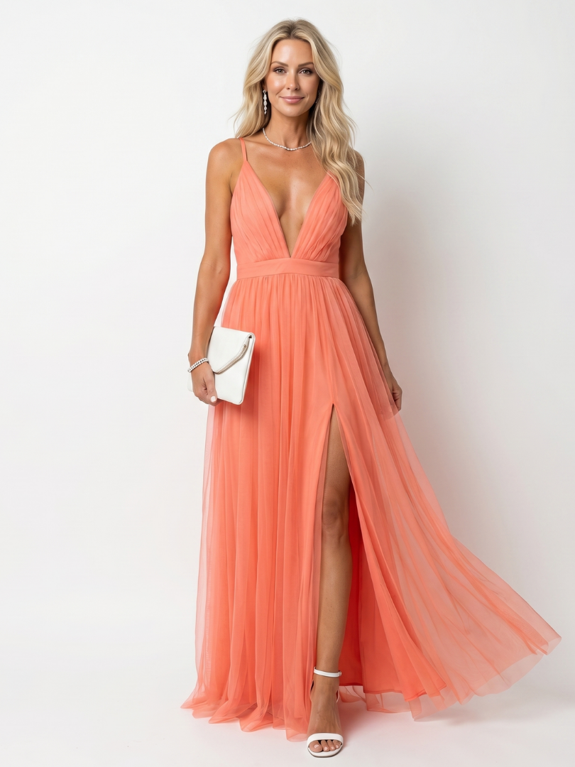 Deep V Strap Pleated Maxi Dress