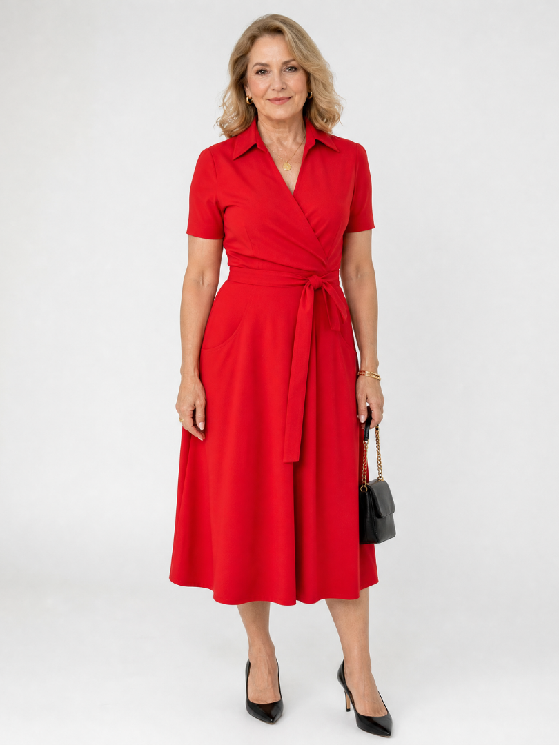 Collared Wrap Waist Midi Dress