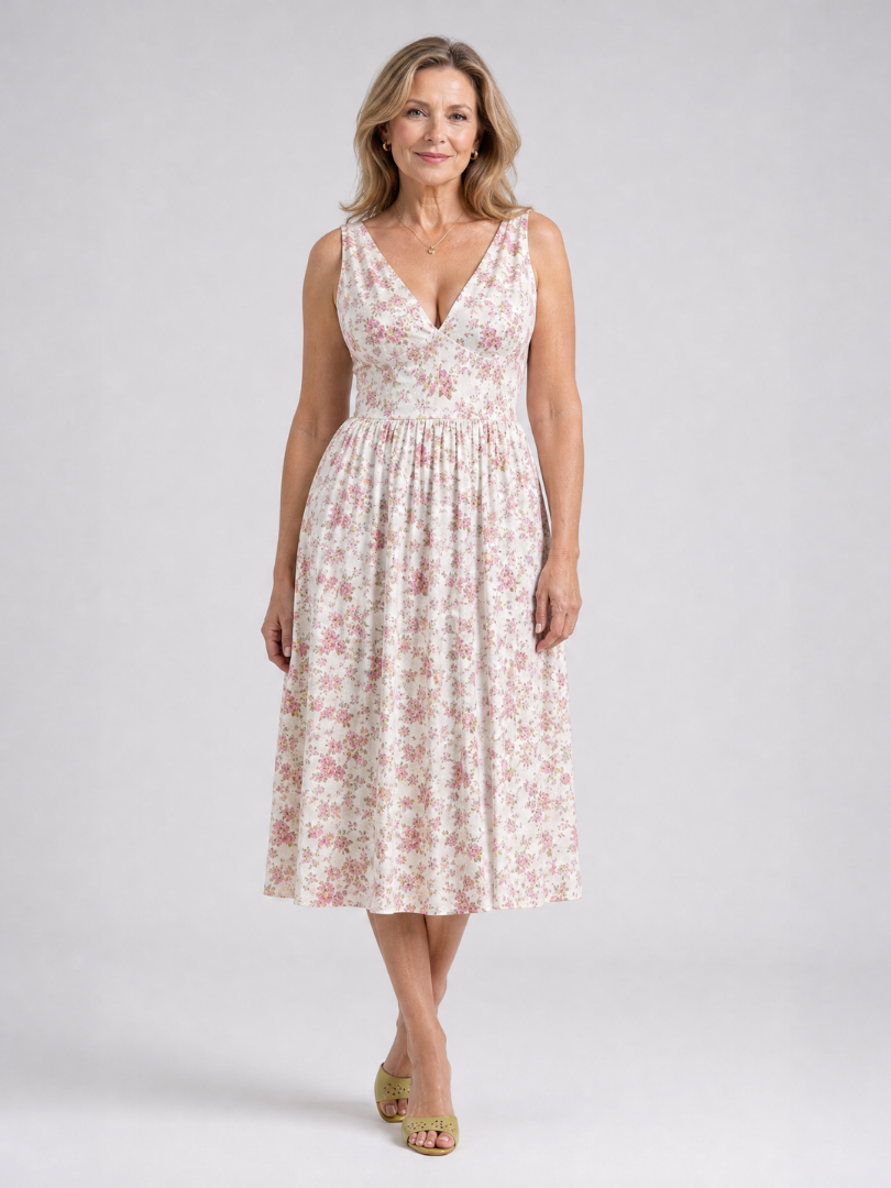 Sleeveless Floral V Neck Midi Dress