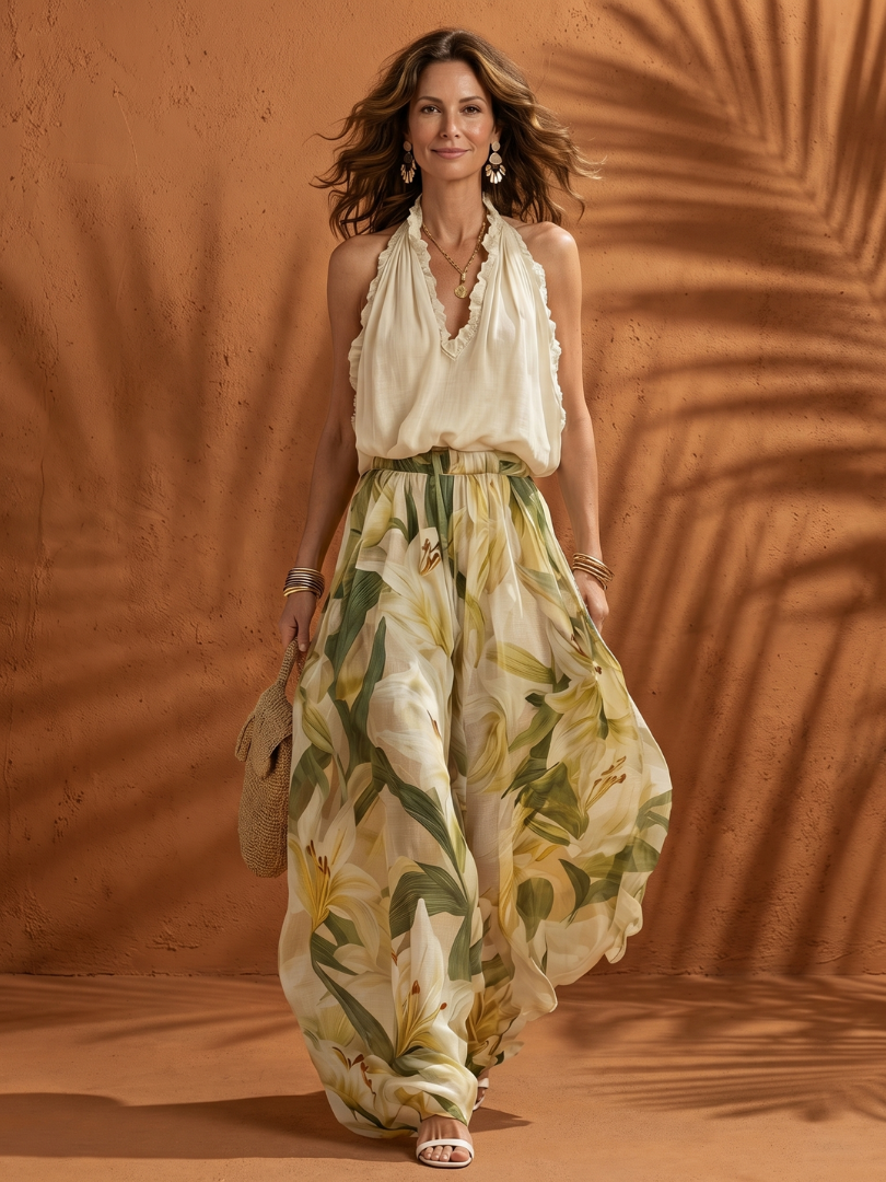 Halter Neck Blouse Wide Leg Set