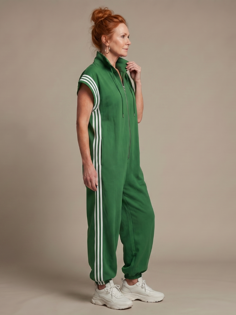 Zip Front Stripe Panel Jumpsuit