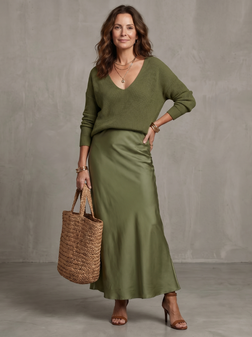 Satin Skirt Knit Layer Set