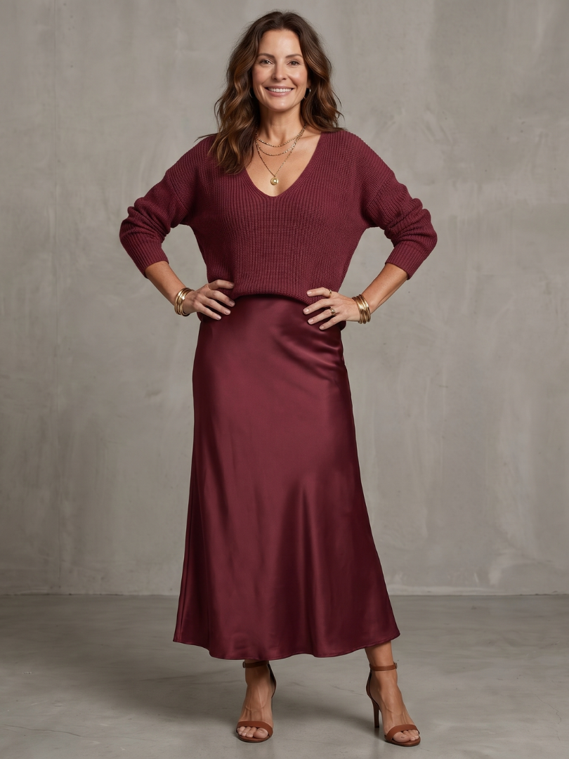 Satin Skirt Knit Layer Set