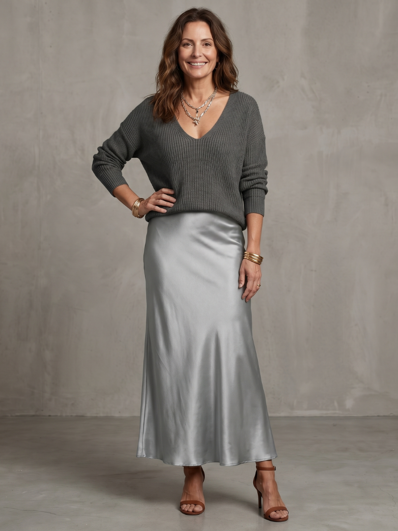 Satin Skirt Knit Layer Set