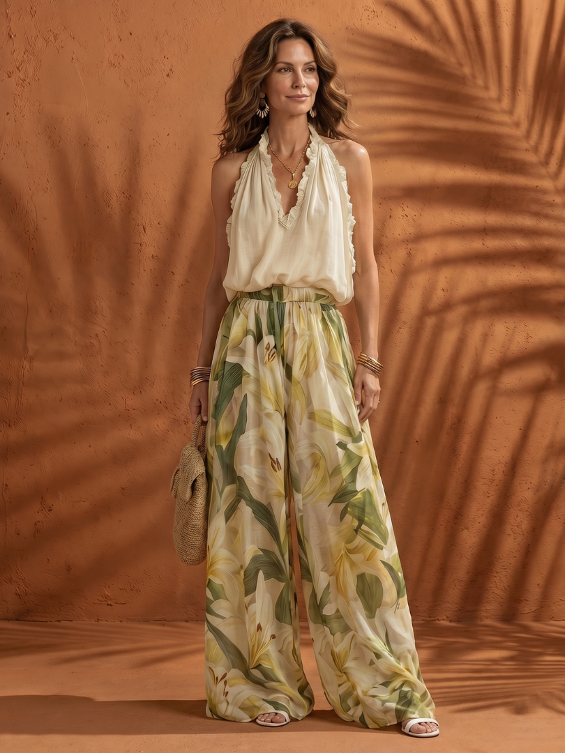 Halter Neck Blouse Wide Leg Set