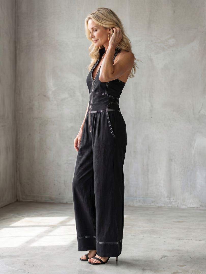 Contrast Stitch Wide Leg Jumpsuit