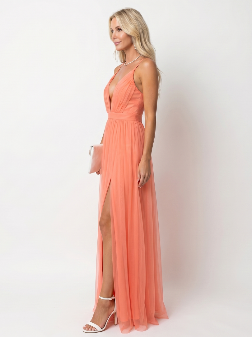 Deep V Strap Pleated Maxi Dress