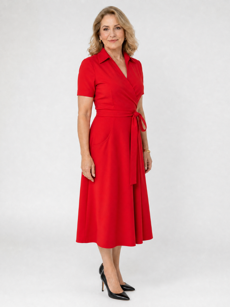 Collared Wrap Waist Midi Dress