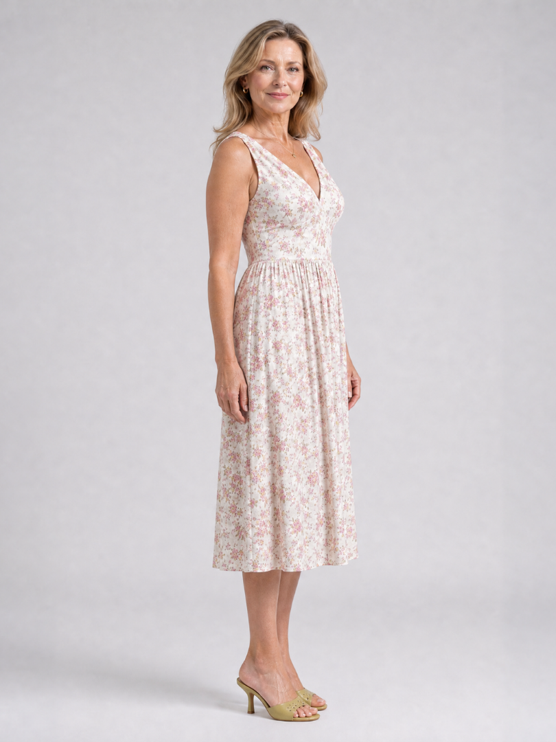 Sleeveless Floral V Neck Midi Dress