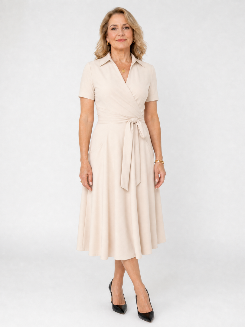 Collared Wrap Waist Midi Dress