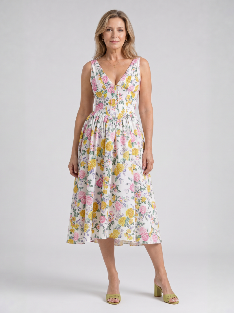 Sleeveless Floral V Neck Midi Dress