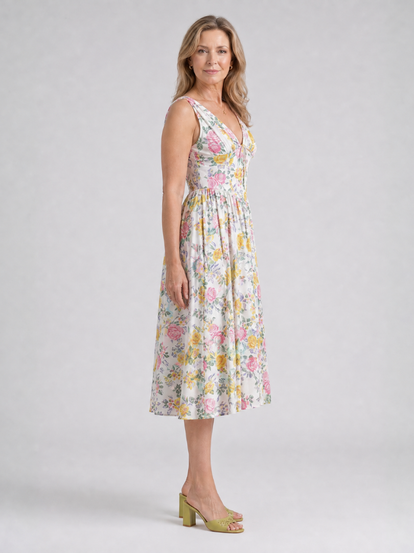 Sleeveless Floral V Neck Midi Dress