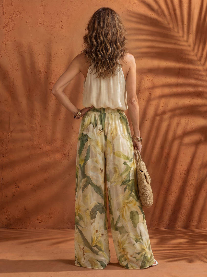 Halter Neck Blouse Wide Leg Set