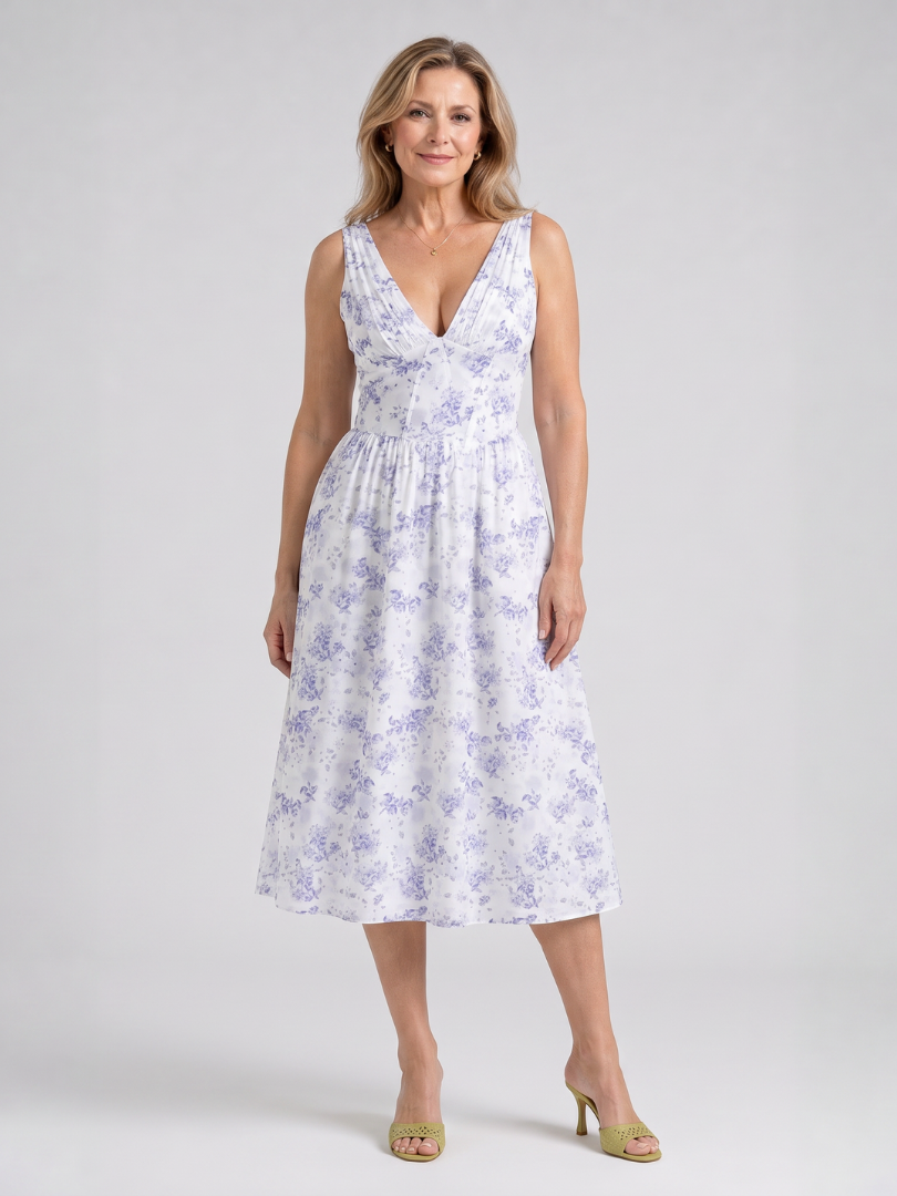 Sleeveless Floral V Neck Midi Dress