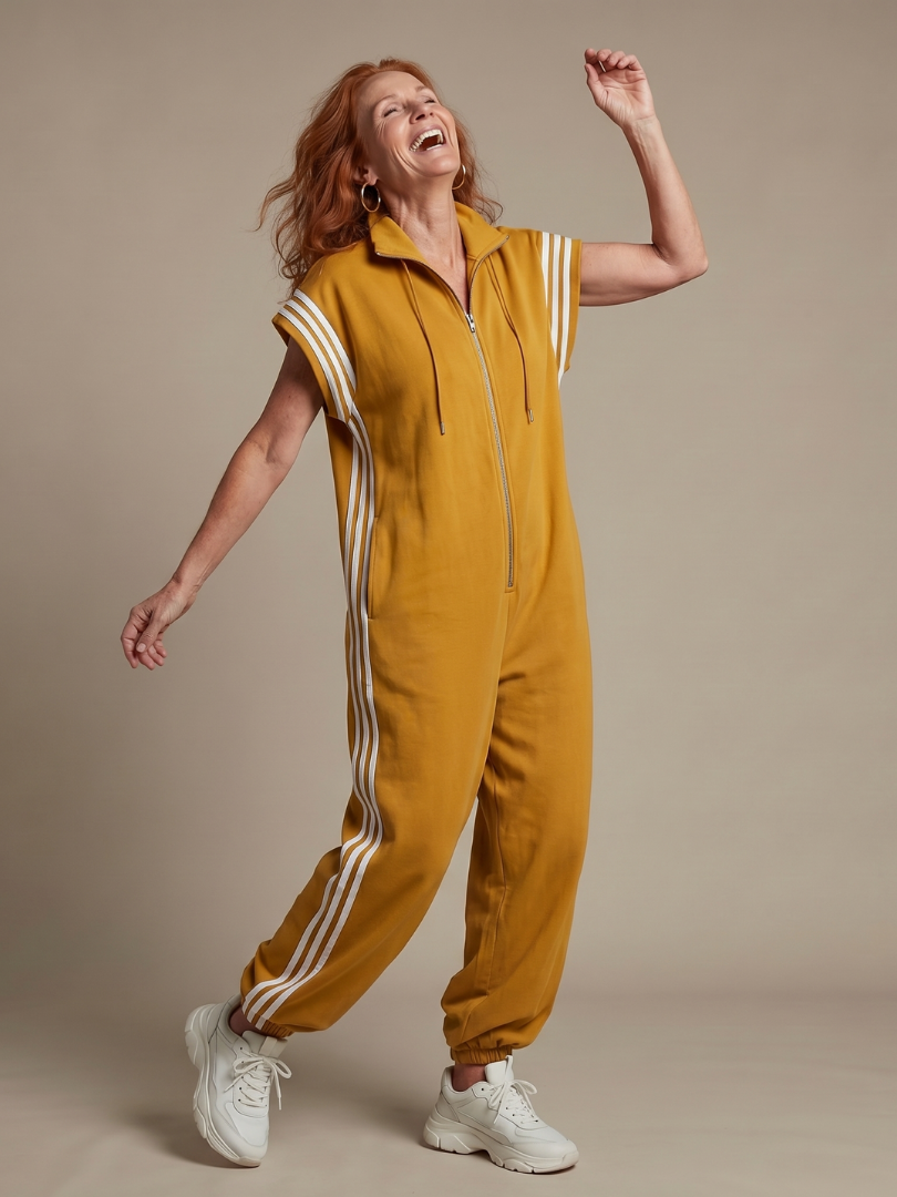 Zip Front Stripe Panel Jumpsuit