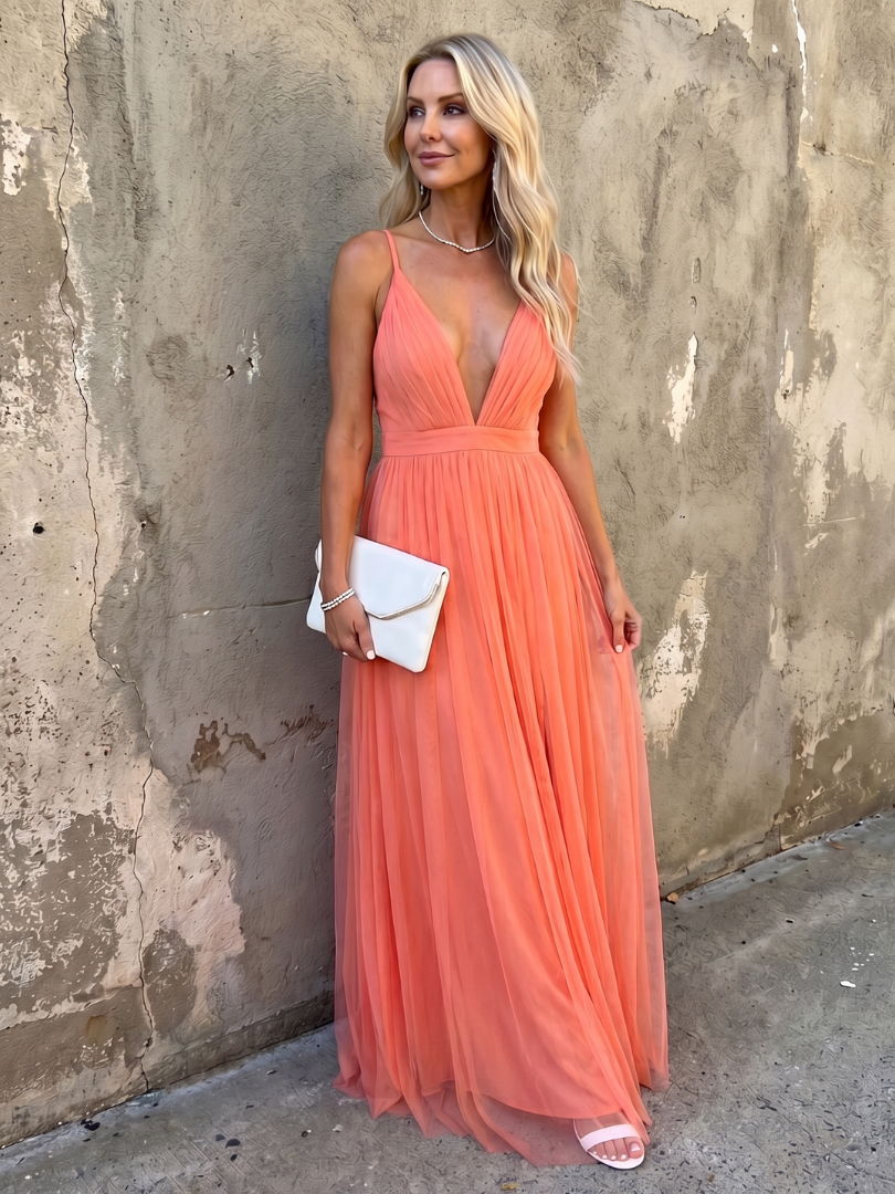 Deep V Strap Pleated Maxi Dress