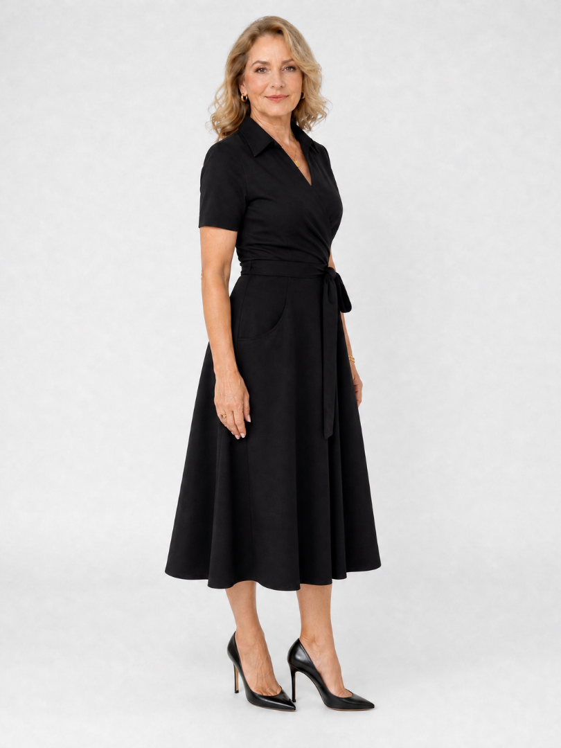 Collared Wrap Waist Midi Dress