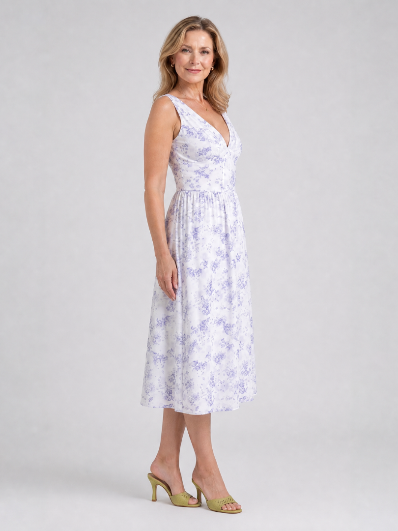 Sleeveless Floral V Neck Midi Dress