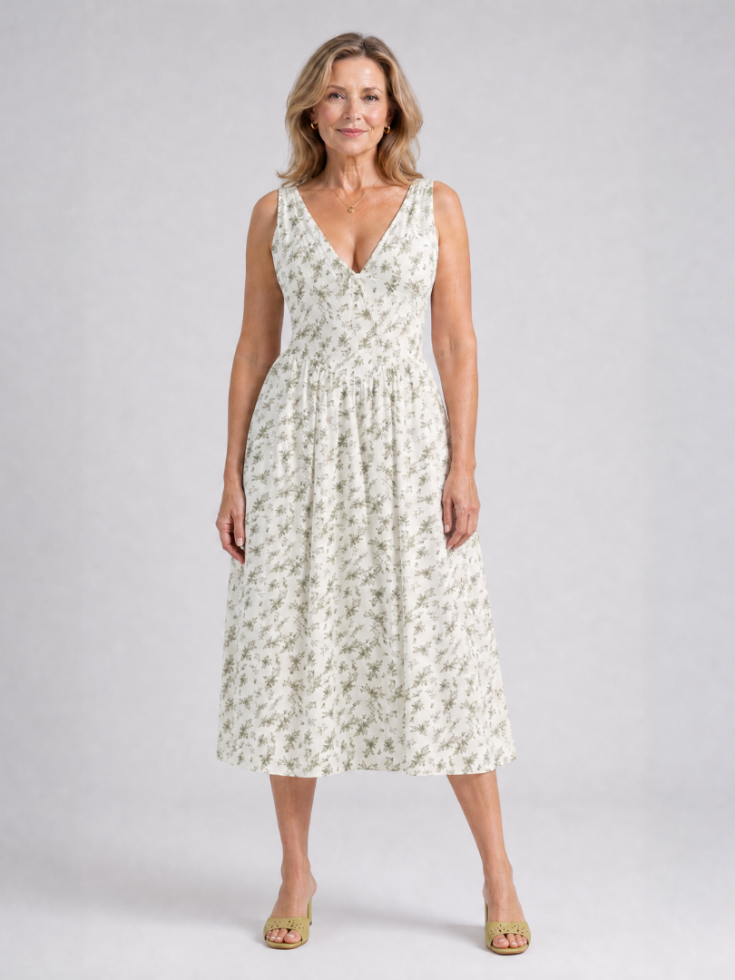Sleeveless Floral V Neck Midi Dress