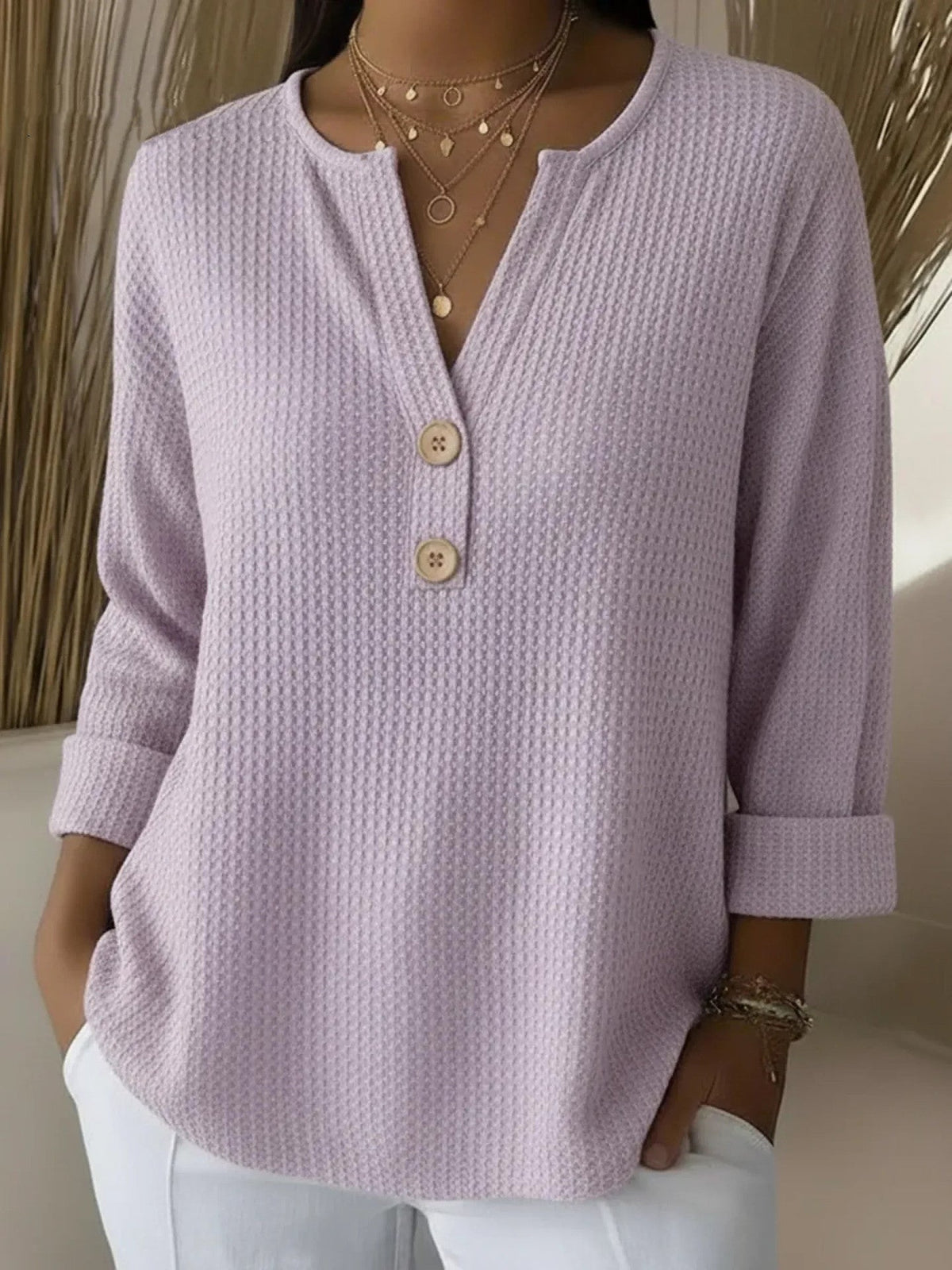Lucía | Textured Henley T-shirt with Buttons