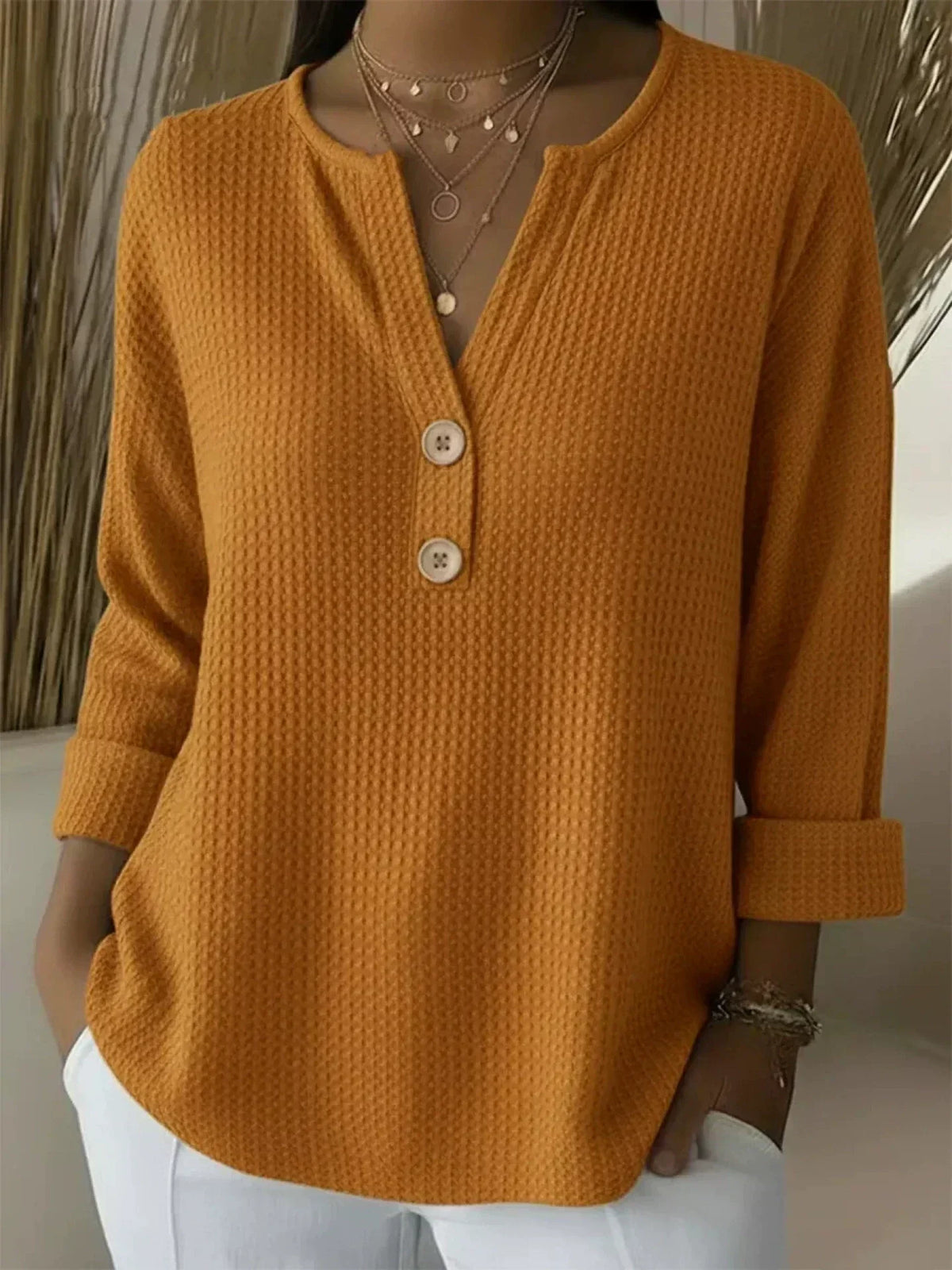 Lucía | Textured Henley T-shirt with Buttons