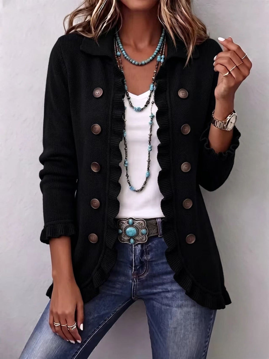 Zaira | Intense Black Ribbed Jacket with Ruffles