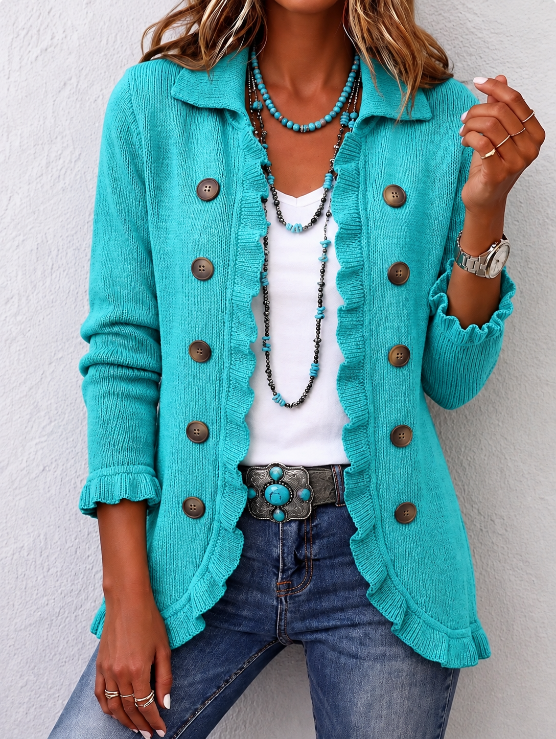 Silvana | Teal Ribbed Jacket with Ruffles