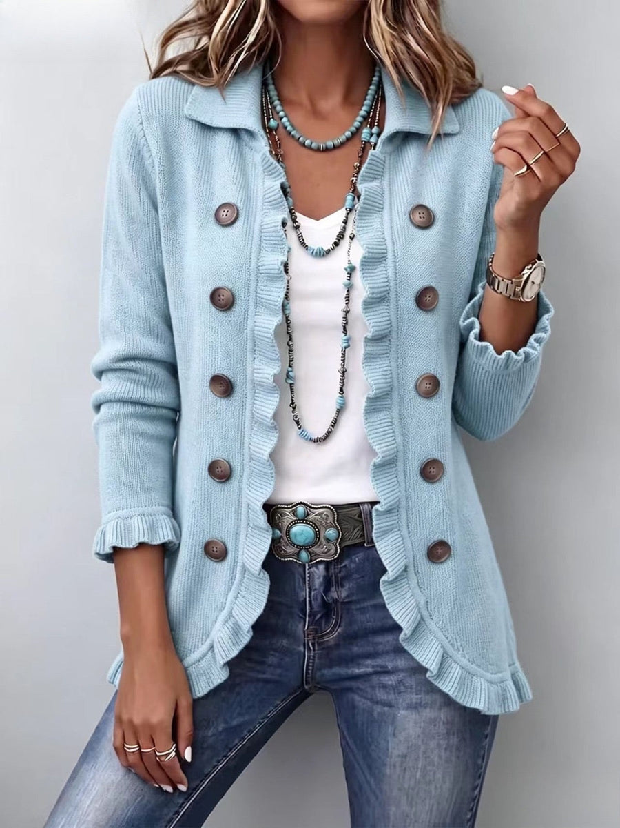 Perla | Powder Blue Ribbed Jacket with Ruffles