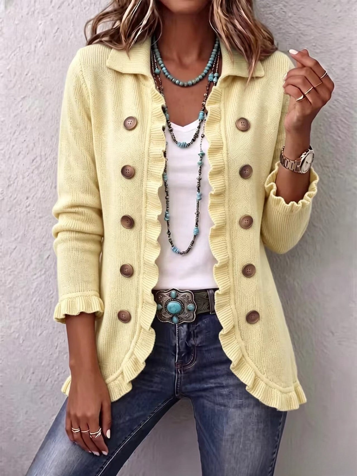 Orsola | Cream Ribbed Jacket with Ruffles