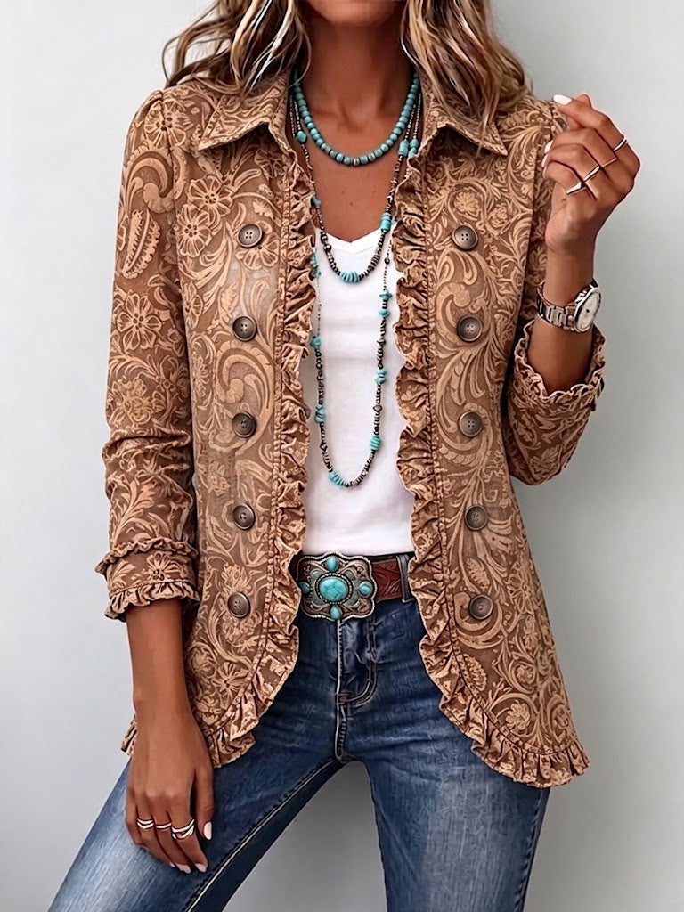 Noemi | Vintage Brown Floral Bohemian Jacket with Ruffles