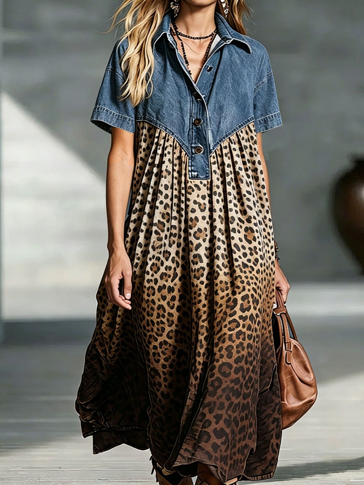 Stella™ | Women’s Denim Spliced Gradient Leopard Print Shirt Midi Dress
