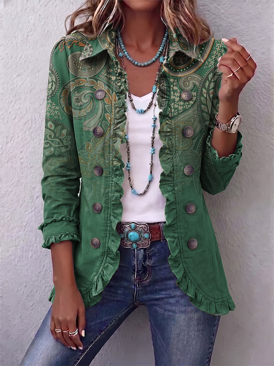 Costanza | Green Paisley Bohemian Jacket with Ruffles