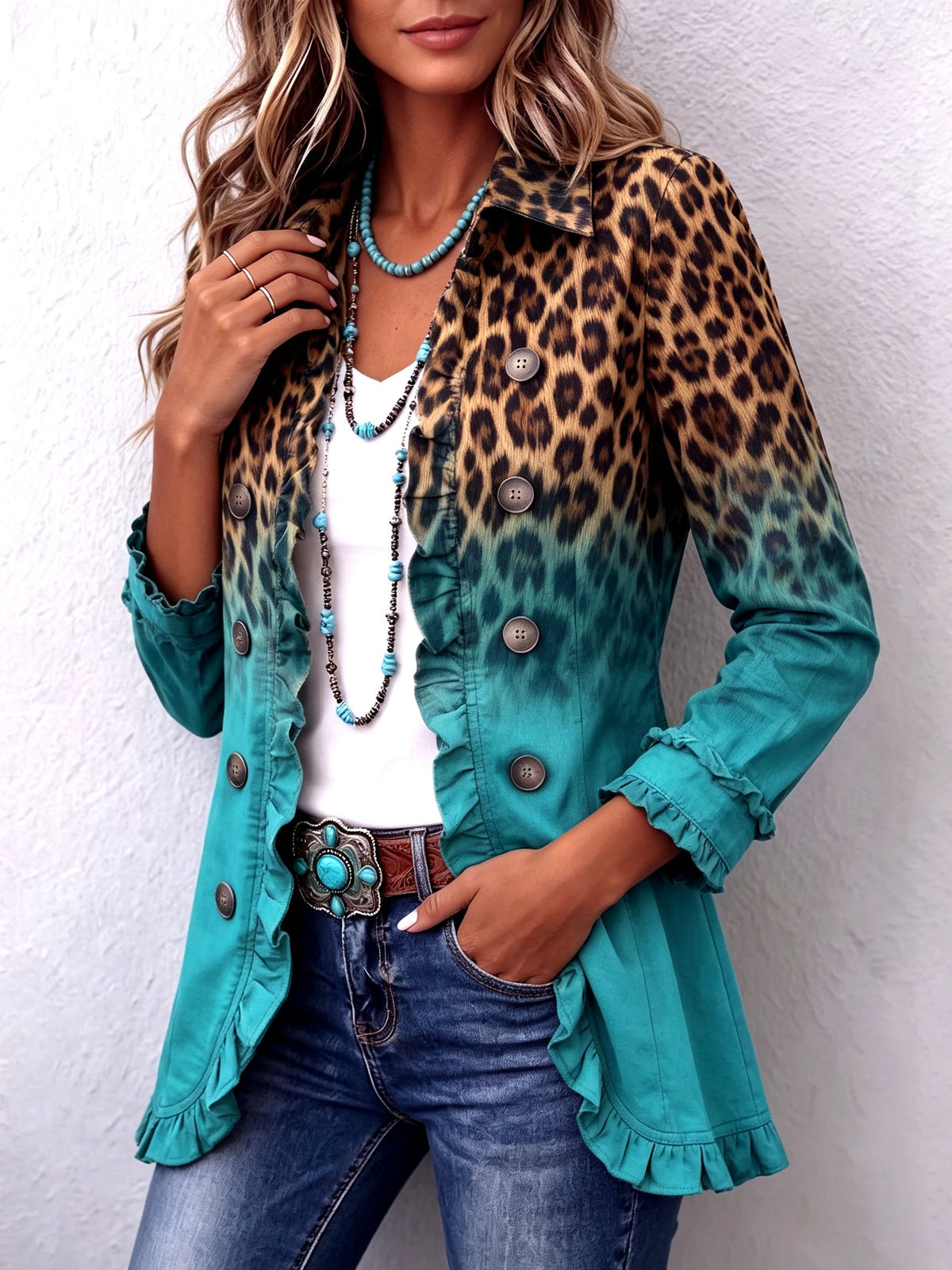 Bice | Ombre Leopard Print Blazer in Turquoise