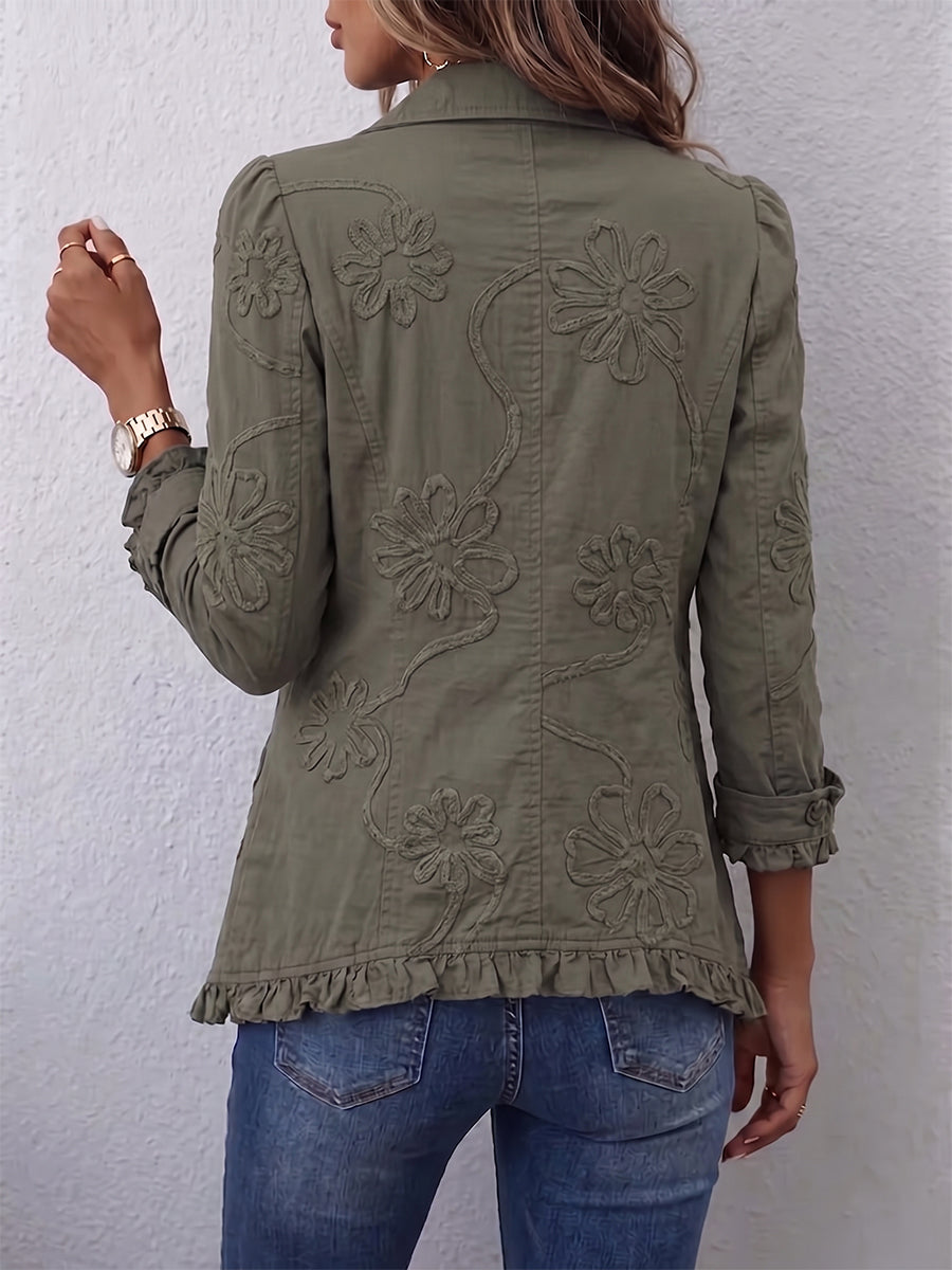 Alessandra | Retro Green Embroidered Floral Bohemian-Chic Jacket with Ruffles