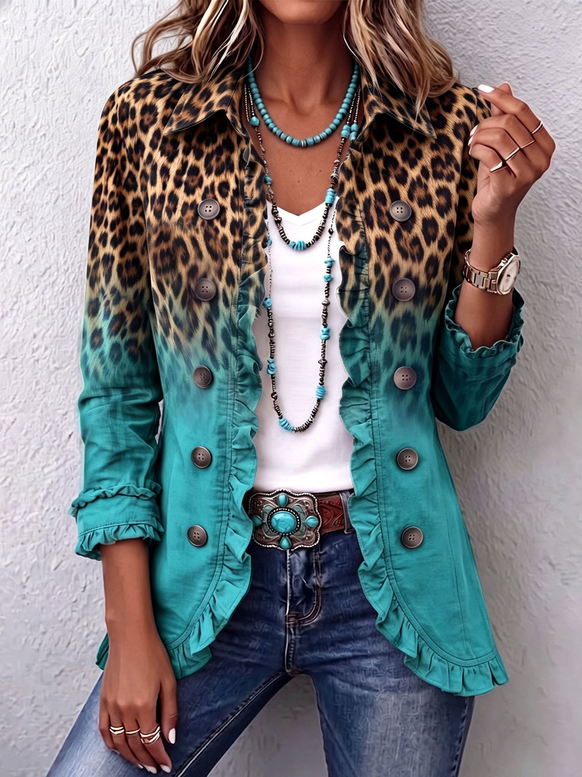 Bice | Ombre Leopard Print Blazer in Turquoise