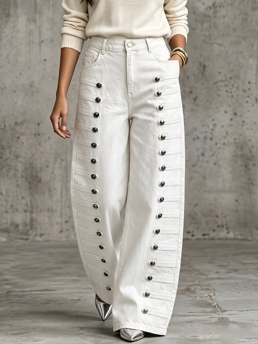 Hazel™ | Casual Military-style Jeans With Metal Buttons