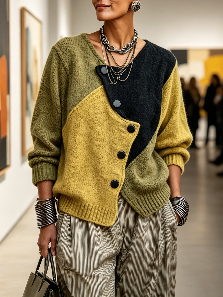 Asymmetrical Knitted Jumper with Artistic Colour Blocks