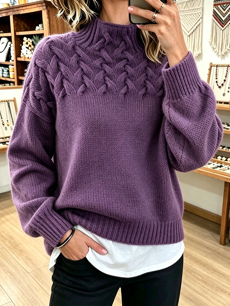 Amelia™ | Chic Cozy Basketweave Cable-knit Mock Neck Sweater