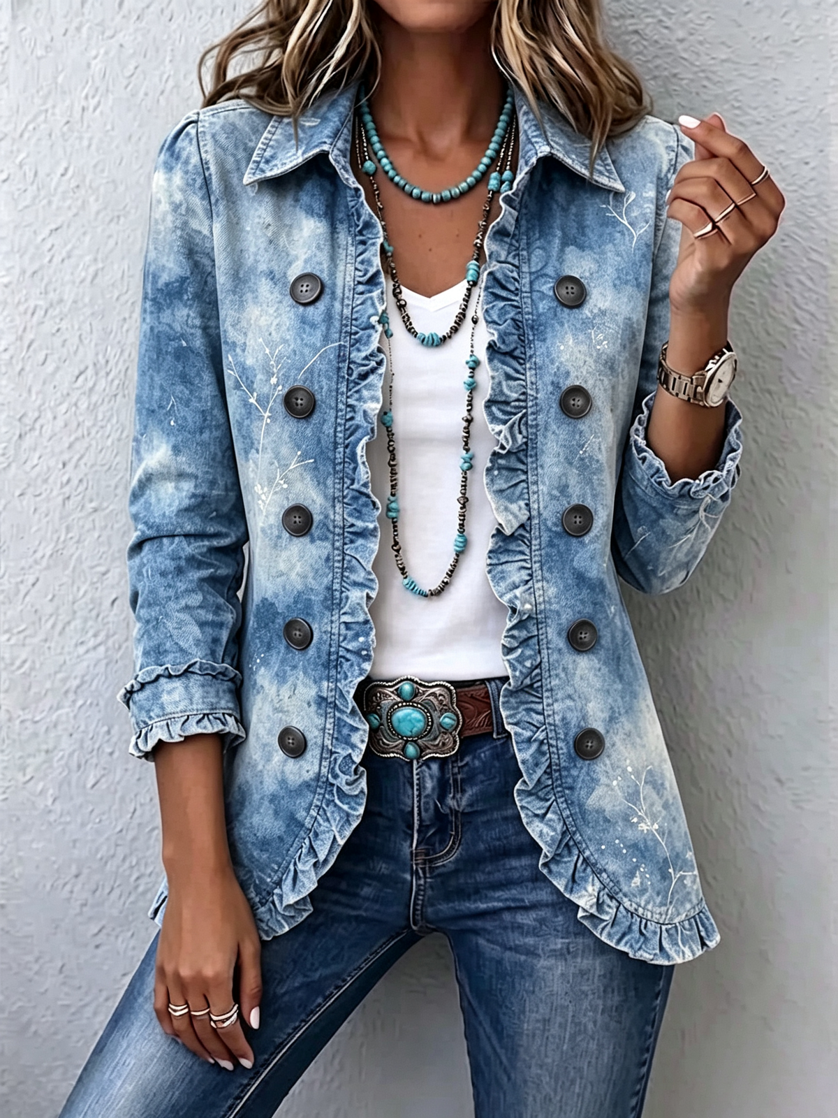 Ginevra | Vintage Faded Blue Botanical Bohemian Jacket with Ruffles