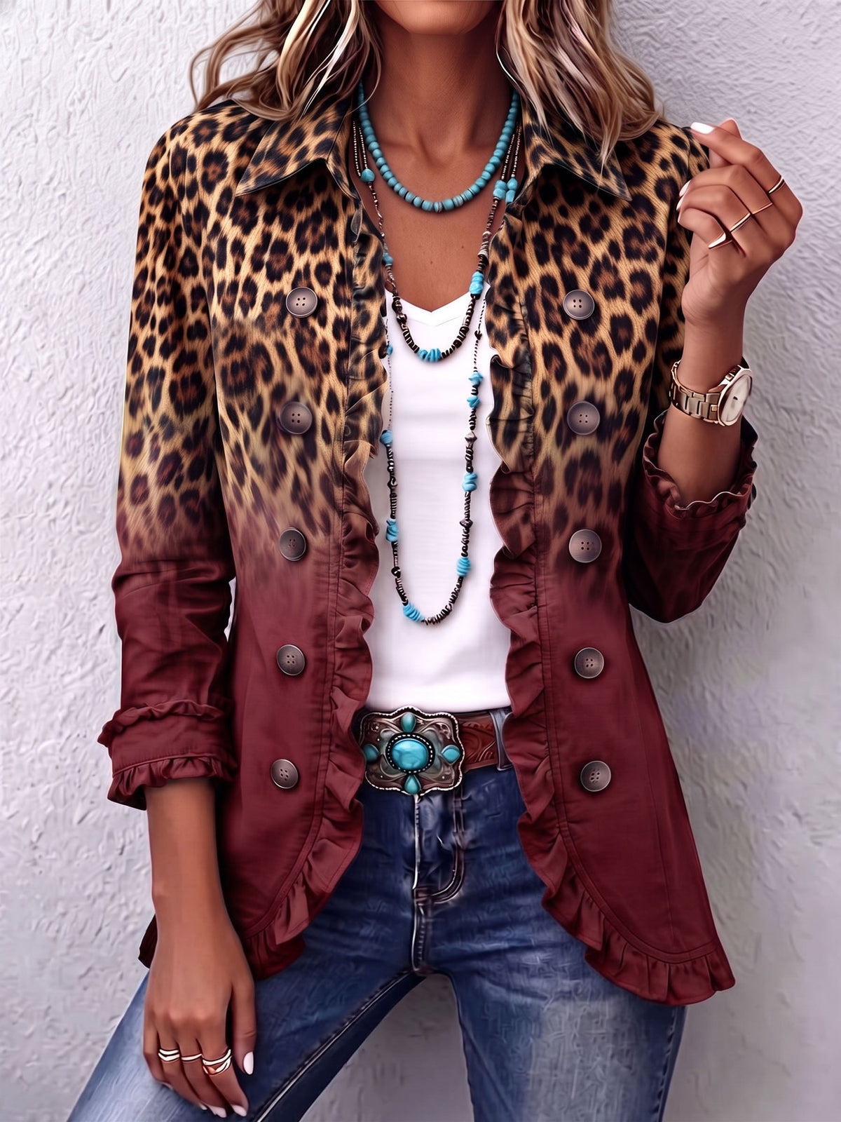 Bice | Ombre Leopard Print Blazer in Turquoise