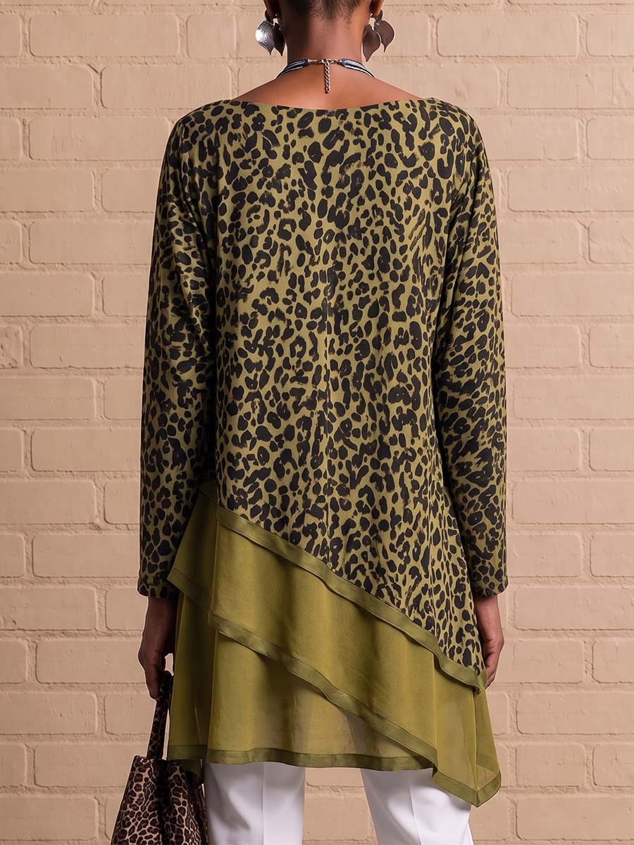 Natalie™ | Women's Leopard Print Crew Neck Long Sleeve Casual Loose Patchwork Top