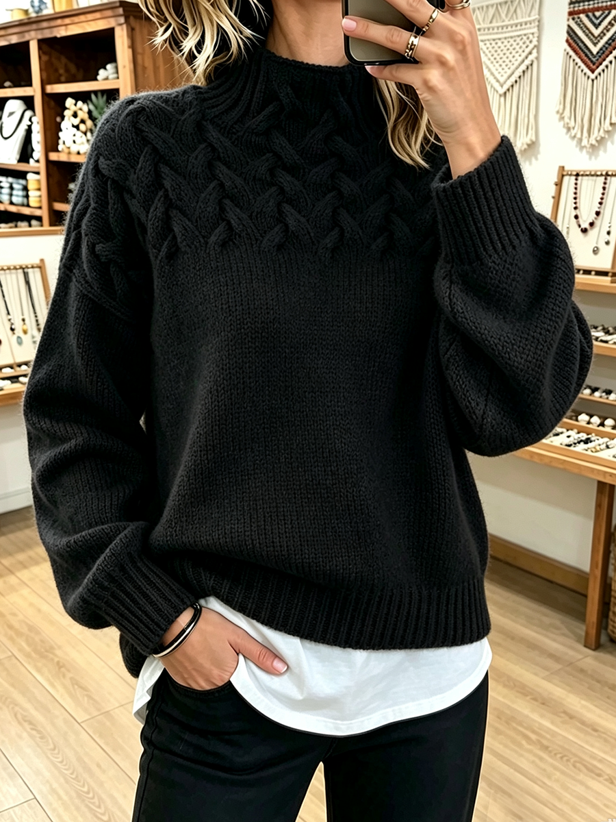 Amelia™ | Chic Cozy Basketweave Cable-knit Mock Neck Sweater
